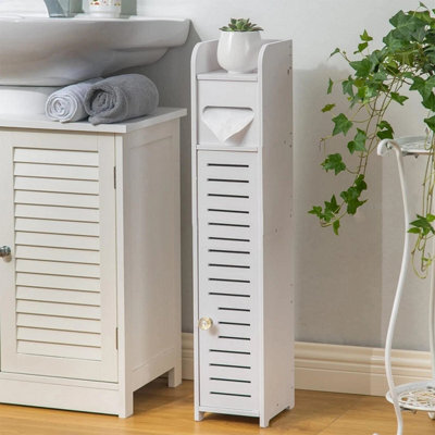  - Wooden White Free Standing Toilet Paper Roll Holder Bathroom Storage Cabinet