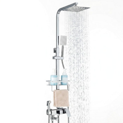 Billtix Chrome 4 Way Thermostatic Exposed Shower Mixer Twin Head SetSquare Rainfall & Handheld SprayAdjustable Kit With Shelf from B&Q
