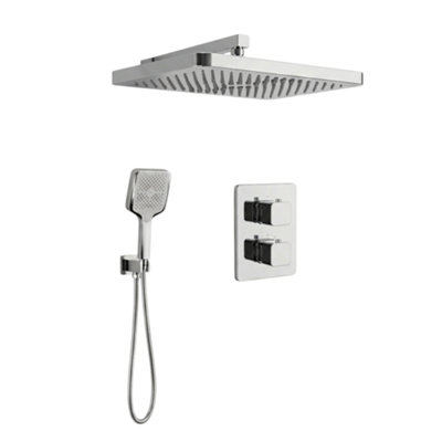Billtix Concealed Thermostatic Shower Mixer Square Chrome Twin Head 2 Dial Valve Set Rainfall & Handheld High Pressure Shower from B&Q