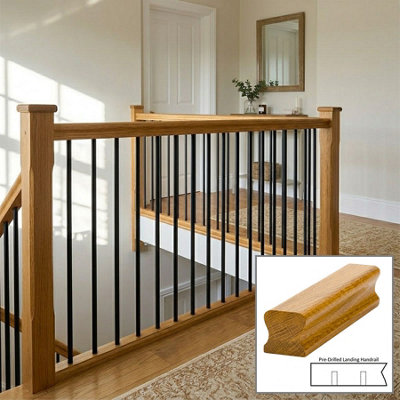 B&Q - Oak Prefinished & Lacquered Handrail Thr 1.2M Landing Drilled For 14mm Metal Spindles Uk Manufactured 