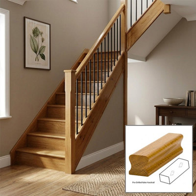 B&Q - Oak Prefinished & Lacquered Handrail Thr 1.2M Rake Drilled For 14mm Metal Spindles Uk Manufactured 