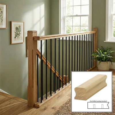 B&Q - Oak Handrail Thr 3.0M Landing Drilled For 14mm Metal Spindles Uk Manufactured 