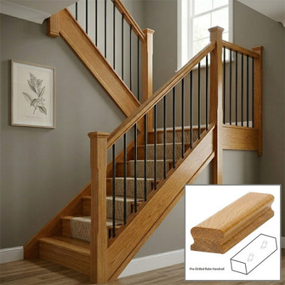 B&Q - Oak Prefinished & Lacquered Handrail Lhr 3.0M Rake Drilled For 14mm Metal Spindles Uk Manufactured 