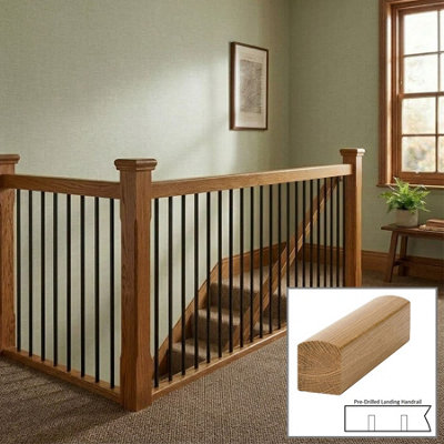 B&Q - Oak Prefinished & Lacquered Handrail Contemporary 2.4M Landing Drilled For 14mm Metal Spindles 