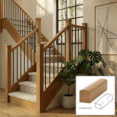 B&Q - Oak Prefinished & Lacquered Handrail Contemporary 2.4M Rake Drilled For 14mm Metal Spindles 