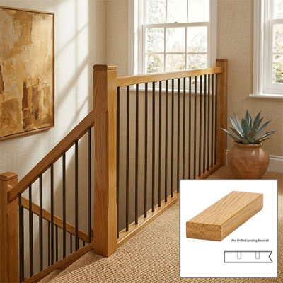 B&Q - Oak Prefinished & Lacquered Baserail Modern 3.0M Landing Drilled For 14mm Metal Spindles Uk Manufactured 