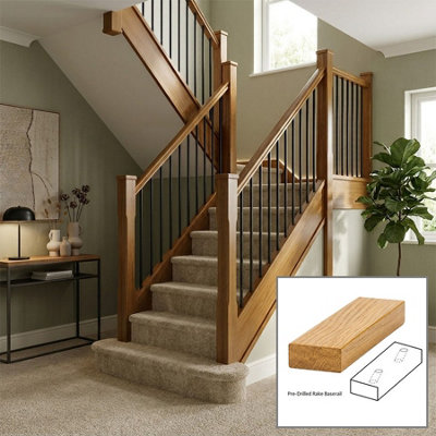 B&Q - Oak Prefinished & Lacquered Baserail Modern 1.2M Rake Drilled For 14mm Metal Spindles Uk Manufactured 