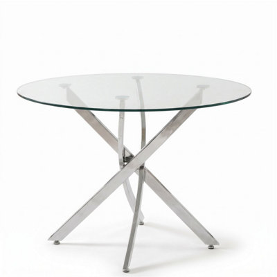 Oira Homes Modern Round Glass Dining Table Kitchen Dining Table With Chrome Effect Metal Legs - Clear - Image 2