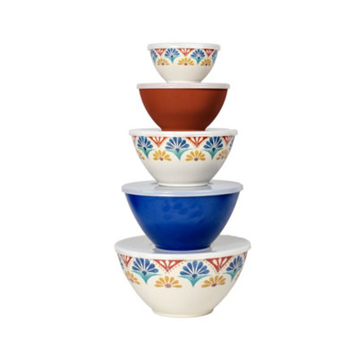 B&Q Abode Homewares Rio Medallion Melamine Mixing Bowls With Lids Set Of 5, Nesting Food Preparation Bowls, Bpa-Free, Dishwasher Safe