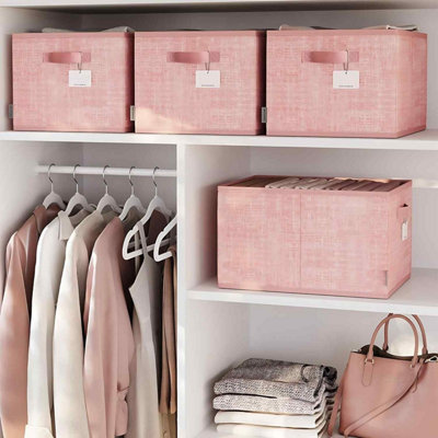 B&Q -  Pack Of 3 Foldable Storage BinsFabric Wardrobe Organisers With Label HoldersJelly Pink