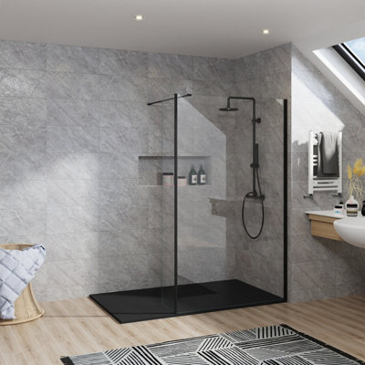 B&Q -  Rinse Walk In Shower Enclosure 1100+215mm Glass Wetroom Black Frame Screen With 1500X700 Black Tray And Waste