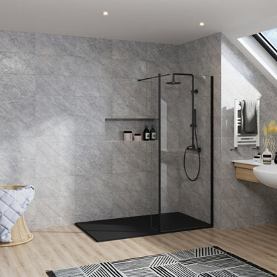 B&Q -  Rinse Walk In Shower Enclosure 760+300mm Glass Wetroom Black Frame Screen With 1600X700 Black Tray And Waste