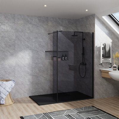B&Q -  Rinse Walk In Shower Enclosure 1100+215mm Grey Glass Wetroom Screen With 1500X700 Black Tray And Waste