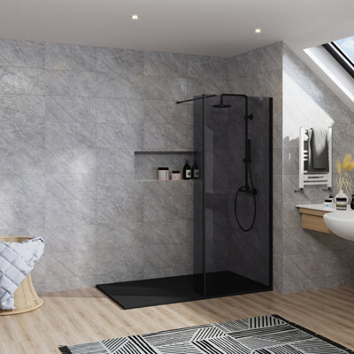 B&Q -  Rinse Walk In Shower Enclosure 760+300mm Grey Glass Wetroom Screen With 1600X700 Black Tray And Waste