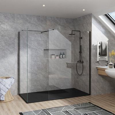 B&Q -  Rinse Black Walkin Shower Enclosure 1200mm Front 700mm End Panel Safety Glass Wetroom Screen-Black 1700X700 Shower Tray Waste