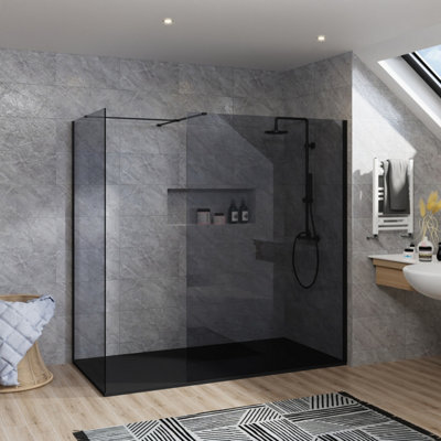 B&Q -  Rinse Walkin Shower Enclosure 1100mm Front 1000mm End Panel Grey Glass Wetroom Screen-Black 1700X1000 Shower Tray Waste