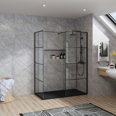 B&Q -  Rinse Walkin Shower Enclosure 900mm Front 800mm End Panel Black Grid Wetroom Screen-Black 1400X800 Shower Tray Waste