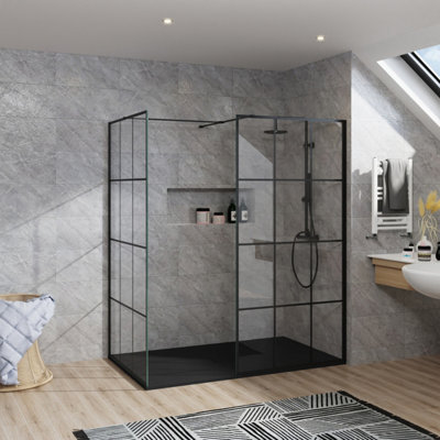 B&Q -  Rinse Walkin Shower Enclosure 1100mm Front 1000mm End Panel Black Grid Wetroom Screen-Black 1700X1000 Shower Tray Waste