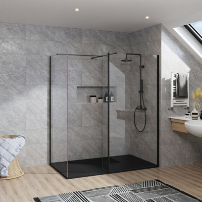 B&Q -  Rinse Walk In Shower Enclosure 700+900mm Wetroom Black Frame Glass Screen+215mm Return Panel With 1500X700 Black Tray&waste