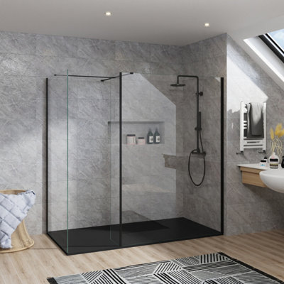 B&Q -  Rinse Walk In Shower Enclosure 1000+1000mm Wetroom Black Frame Glass Screen+215mm Return Panel With 1500X1000 Black Tray&waste