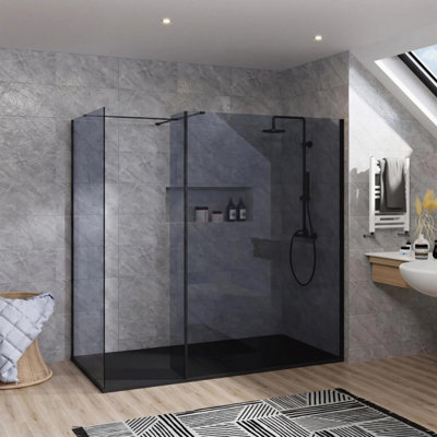 B&Q -  Rinse Walk In Shower Enclosure 1200+1000mm Wetroom Grey Glass Screen+215mm Return Panel With 1700X1000mm Black Tray&waste