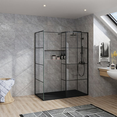 B&Q -  Rinse Walk In Shower Enclosure 700+900mm Wetroom Black Grid Frame Glass Screen+215mm Return Panel With 1500X700 Black Tray&waste