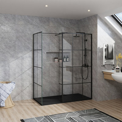 B&Q -  Rinse Walk In Shower Enclosure 800+1000mm Wetroom Black Grid Frame Glass Screen+215mm Return Panel With 1600X800 Black Tray&waste