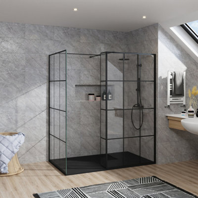 B&Q -  Rinse Walk In Shower Enclosure 1000+1000mm Wetroom Black Grid Glass Screen+300mm Return Panel With 1500X1000 Black Tray&waste