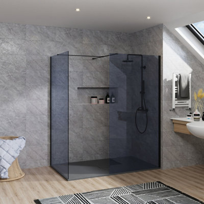 Rinse bathrooms Rinse Walkin Shower Enclosure 900mm Front 900mm End Panel Grey Glass Wetroom Screen-Anthracite 1500X900 Shower Tray Waste from B&Q