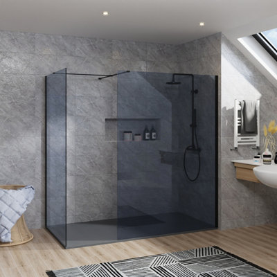 B&Q -  Rinse Walkin Shower Enclosure 1100mm Front 1000mm End Panel Grey Glass Wetroom Screen-Anthracite 1700X1000 Shower Tray Waste