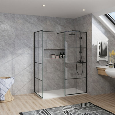 Rinse bathrooms Rinse Walkin Shower Enclosure 900mm Front 900mm End Panel Black Grid Wetroom Screen-White 1500X900 Shower Tray Waste from B&Q