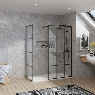 B&Q -  Rinse Walkin Shower Enclosure 1000mm Front 900mm End Panel Black Grid Wetroom Screen-White 1500X900 Shower Tray Waste