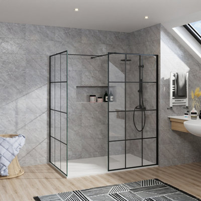 B&Q -  Rinse Walkin Shower Enclosure 1100mm Front 1000mm End Panel Black Grid Wetroom Screen-White 1700X1000 Shower Tray Waste