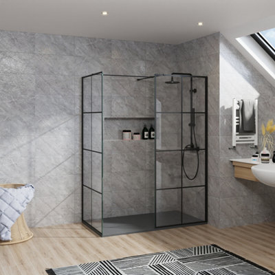 Rinse bathrooms Rinse Walkin Shower Enclosure 900mm Front 900mm End Panel Black Grid Wetroom Screen-Anthracite 1500X900 Shower Tray Waste from B&Q