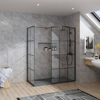 B&Q -  Rinse Walkin Shower Enclosure 1000mm Front 900mm End Panel Black Grid Wetroom Screen-Anthracite 1500X900 Shower Tray Waste