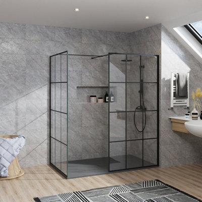 B&Q -  Rinse Walkin Shower Enclosure 1100mm Front 1000mm End Panel Black Grid Wetroom Screen-Anthracite 1700X1000 Shower Tray Waste