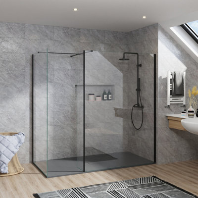 B&Q -  Rinse Walk In Shower Enclosure 1000+1000mm Wetroom Black Frame Glass Screen+215mm Return Panel With 1500X1000 Tray&waste