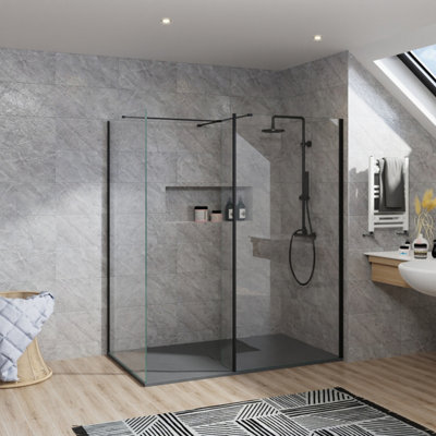 Rinse bathrooms Rinse Walk In Shower Enclosure 700+700mm Wetroom Black Frame Glass Screen+300mm Return Panel With 1300X700 Tray&waste from B&Q