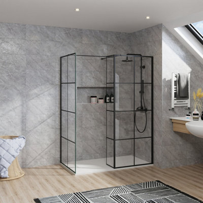 B&Q -  Rinse Walk In Shower Enclosure 700+900mm Wetroom Black Grid Frame Glass Screen+215mm Return Panel With 1500X700 White Tray&waste