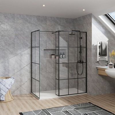 B&Q -  Rinse Walk In Shower Enclosure 800+1000mm Wetroom Black Grid Frame Glass Screen+215mm Return Panel With 1500X800 White Tray&waste