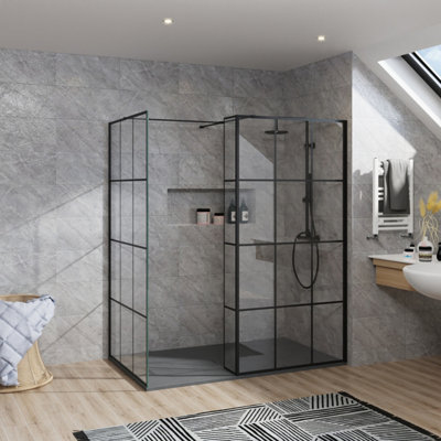 B&Q -  Rinse Walk In Shower Enclosure 1000+1100mm Wetroom Black Grid Frame Glass Screen+215mm Return Panel With 1600X1000 Tray&waste
