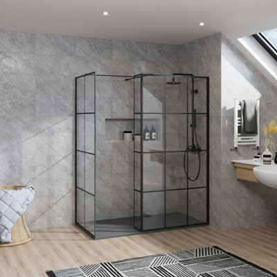 B&Q -  Rinse Walk In Shower Enclosure 900+1000mm Wetroom Black Grid Frame Glass Screen+300mm Return Panel With 1600X900 Tray&waste