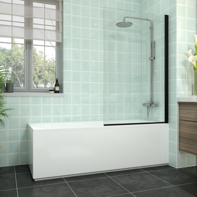 Rinse bathrooms Rinse 1700X700mm Bath + Gloss White Front Wood Bath Panel + Black Square Bath Screen from B&Q