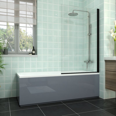 Rinse bathrooms Rinse 1700X700mm Bath + Gloss Grey Front Wood Bath Panel + Black Square Bath Screen from B&Q