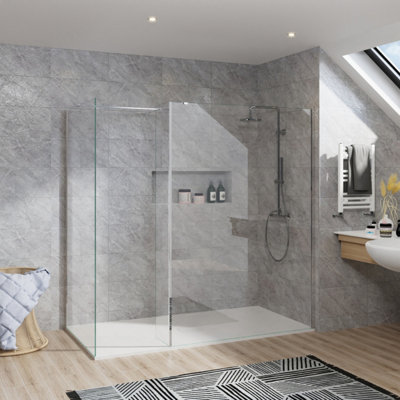 B&Q -  Rinse Walk In Shower Enclosure 8mm Wet Room Glass 1100mm Front Panel+1000mm Side Panel+300 Return Panel Chrome Framed