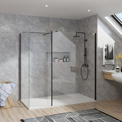 B&Q -  Rinse Walk In Shower Enclosure 8mm Wet Room Glass 1100mm Front Panel+1000mm Side Panel+300 Return Panel Black Framed