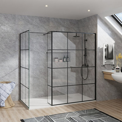 B&Q -  Rinse Walk In Shower Enclosure 8mm Wet Room Glass 1100mm Front Panel+1000mm Side Panel+300 Return Panel Black Grid Framed