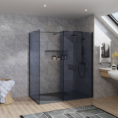 Rinse bathrooms Rinse Walk In Shower Enclosure 700+700mm Wetroom Black Frame Grey Glass Screen+300mm Return Panel With 1200X700mm Tray&waste from B&Q