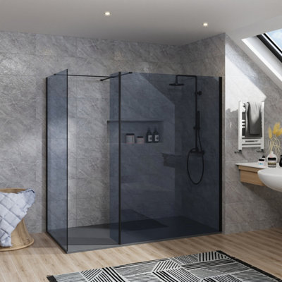 B&Q -  Rinse Walk In Shower Enclosure 1000+1000mm Wetroom Black Frame Grey Glass Screen+300mm Return Panel With 1500X1000mm Tray&waste