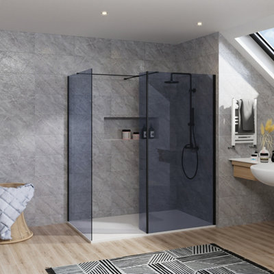 B&Q -  Rinse Walk In Shower Enclosure 8mm Grey Wet Room Glass 1100mm Front Panel+1000mm Side Panel+300mm Return Panel